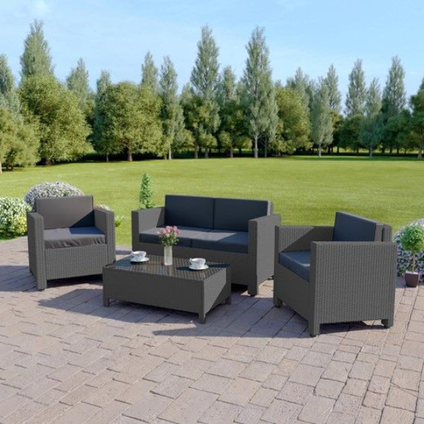 The Roma 4 Seater Rattan Sofa Set In Solid Grey With Dark Cushions